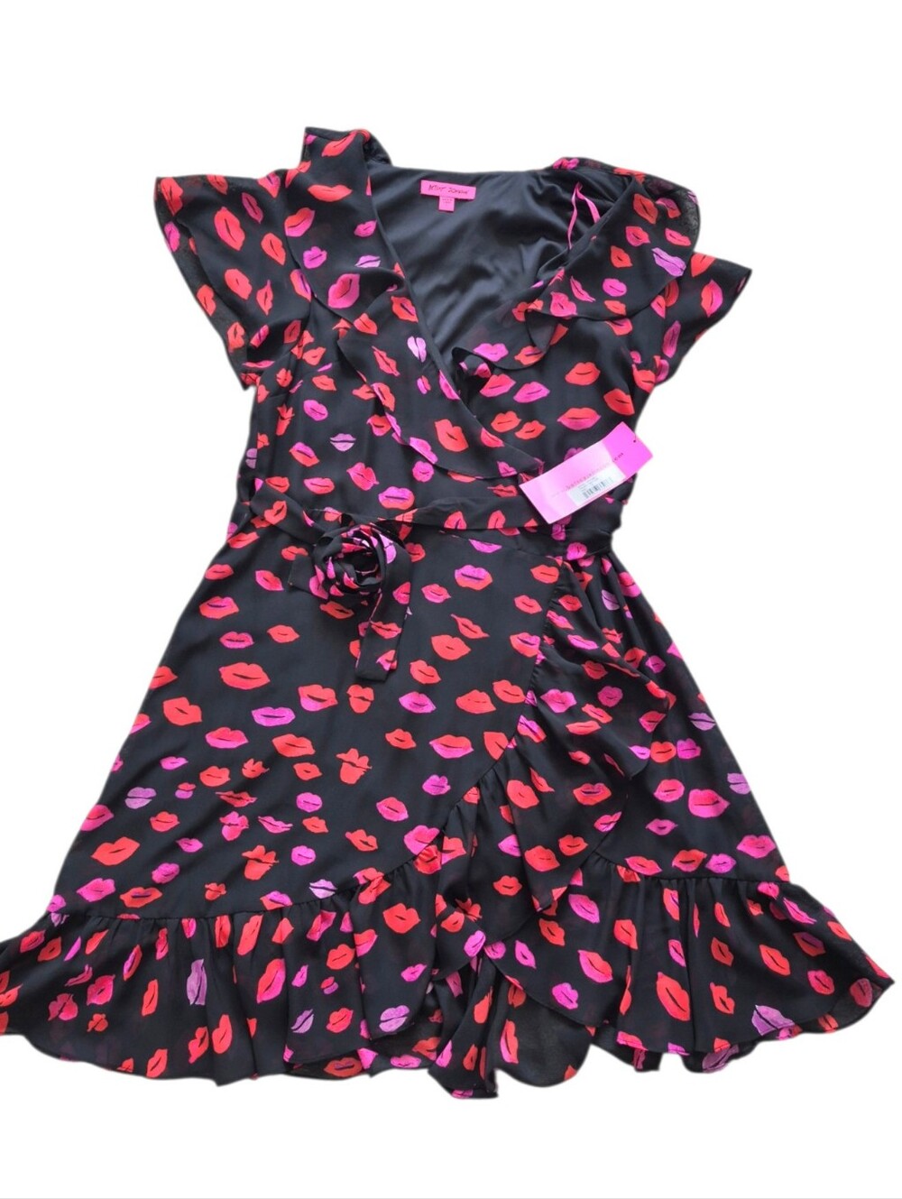 Betsey Johnson Red Kiss Lip Print Wrap Dress Size 12 Ruffle Cocktail party NWT - Picture 5 of 14